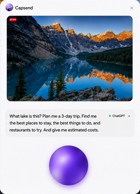The CapSend card with screenshot preview, prompt area, ChatGPT destination, and purple voice orb